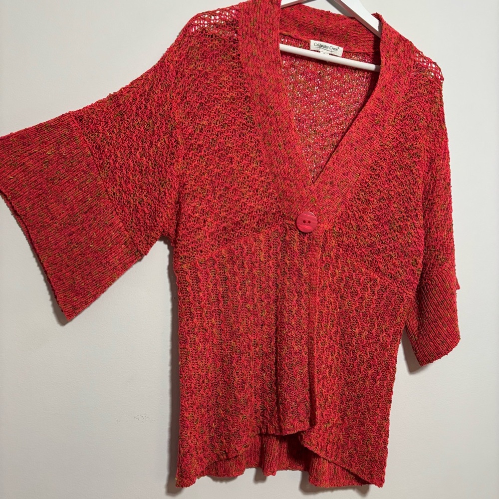Y2K Open Knit One Button Sweater Bell Sleeve Womens XL Red Coldwater Creek 90s